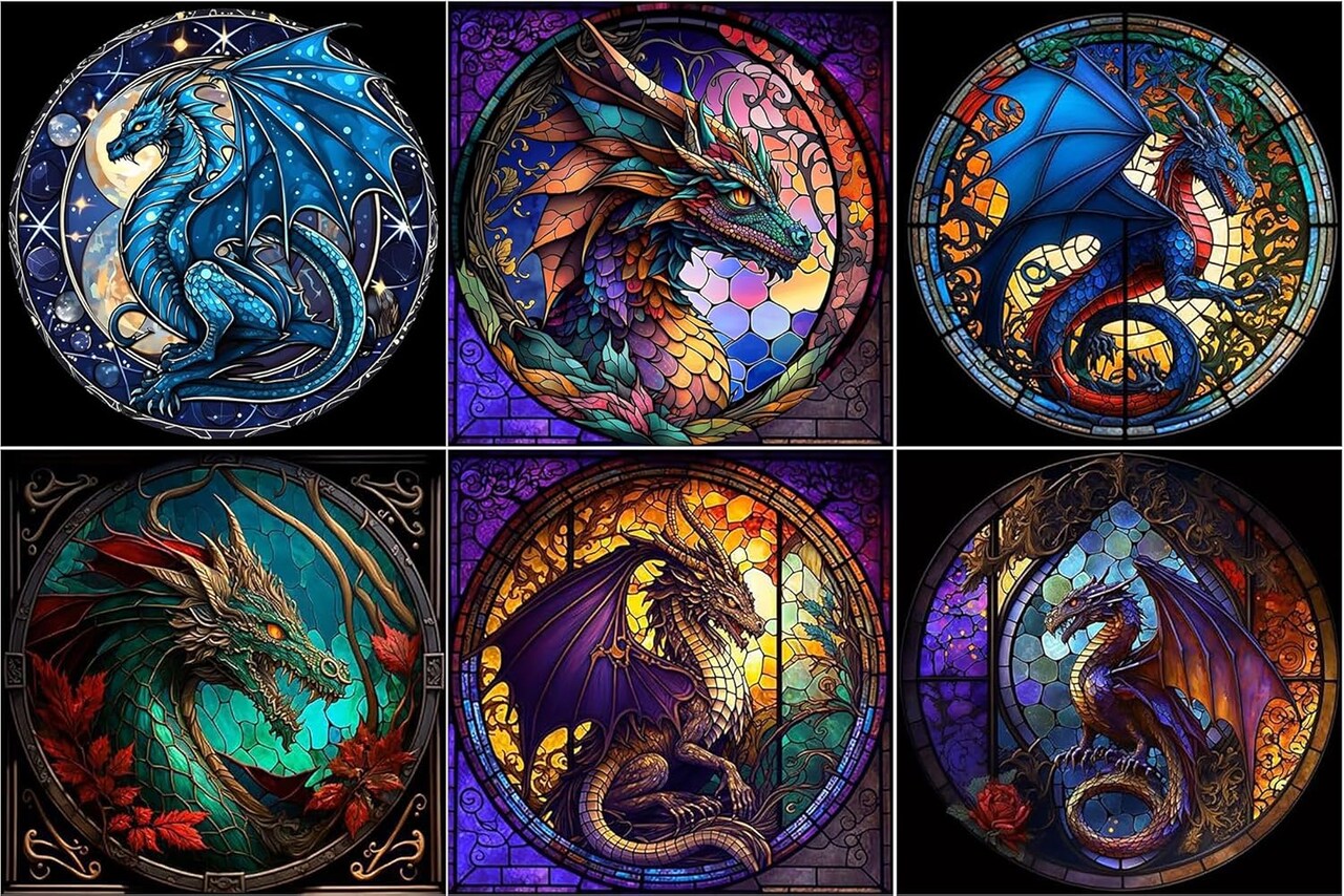 Diamond Painting Kit for Adults – 6 Pack Dragon Design, 5D DIY Full Drill Diamond Art Kits, Gem Art Craft Set for Home Decor – 12x12 Inch